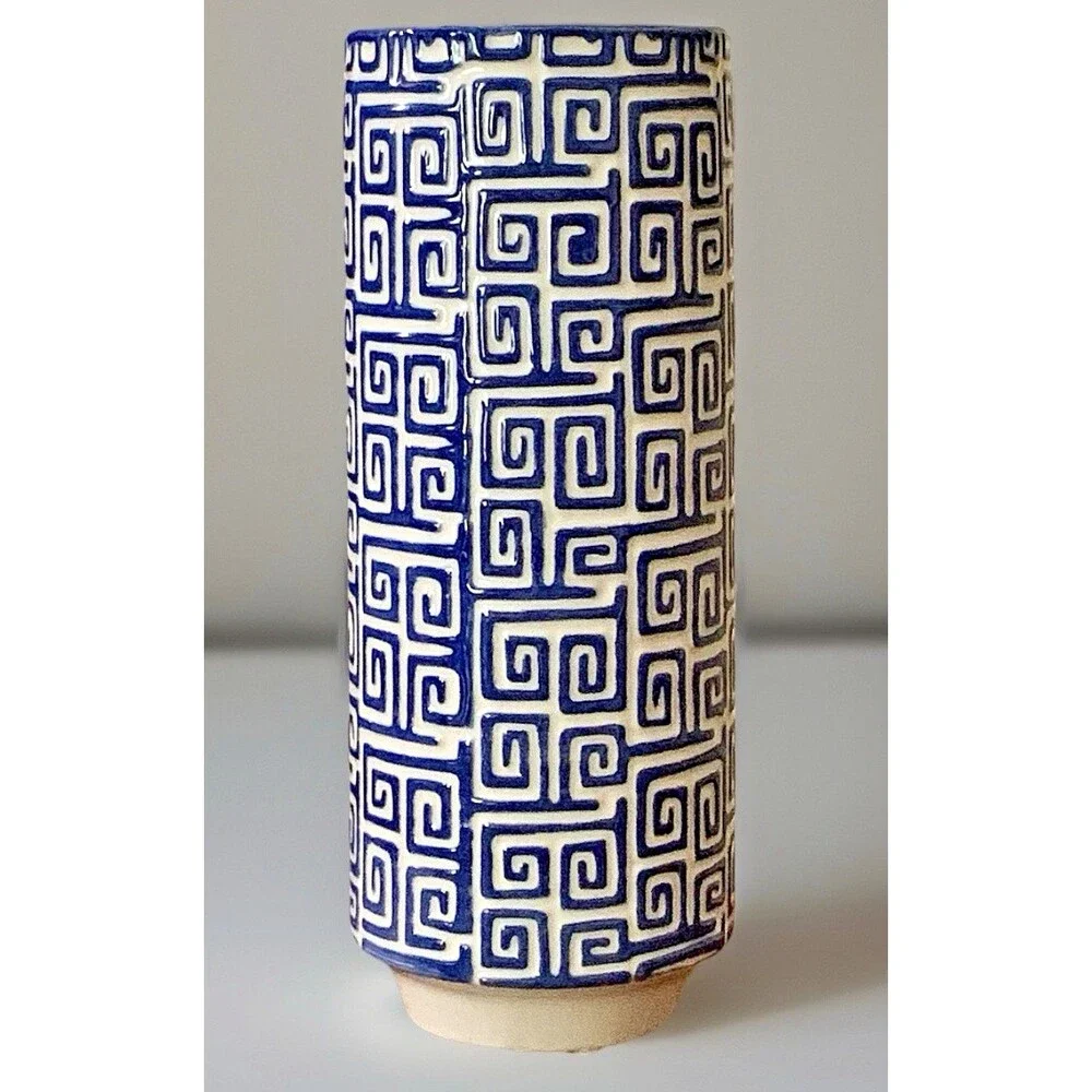 Vtg Inspired Blue White Greek Key Ceramic Vase Chinoiserie Hollywood Regency 10